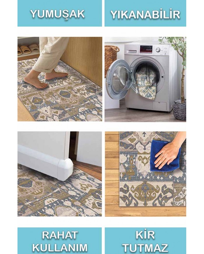 Thorn Patchwork Desenli Pamuk Tabanlı Yıkanabilen Kaydırmaz Antibakteriyel Şönil Salon Halısı