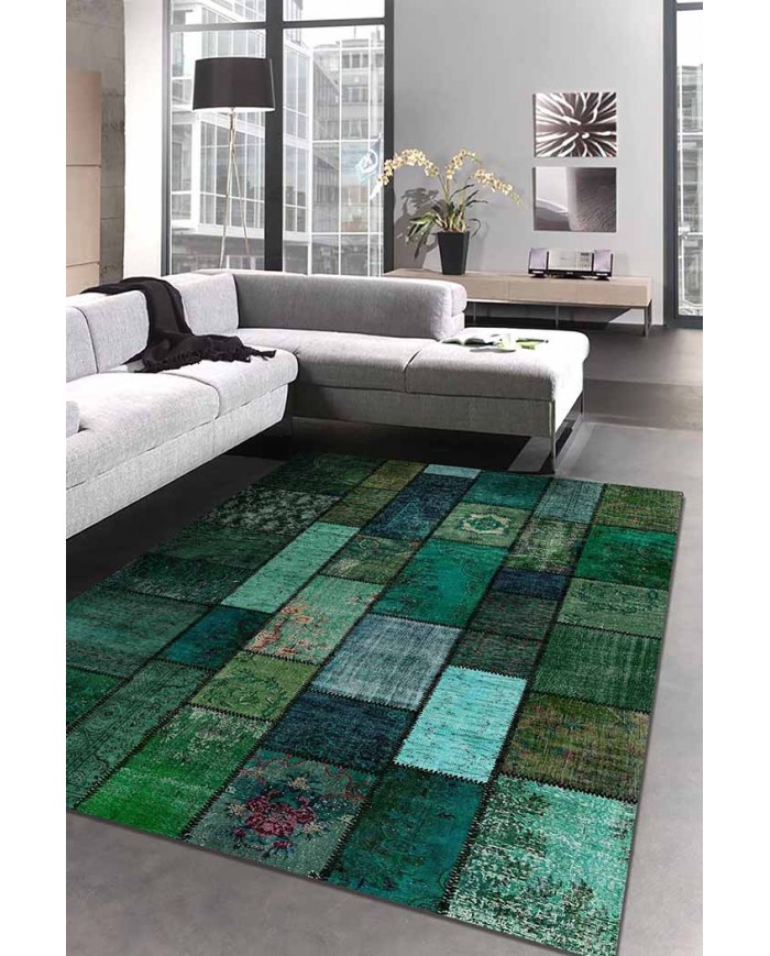 Trunk Patchwork Desenli Pamuk Tabanlı Yıkanabilen Kaydırmaz Antibakteriyel Şönil Salon Halısı