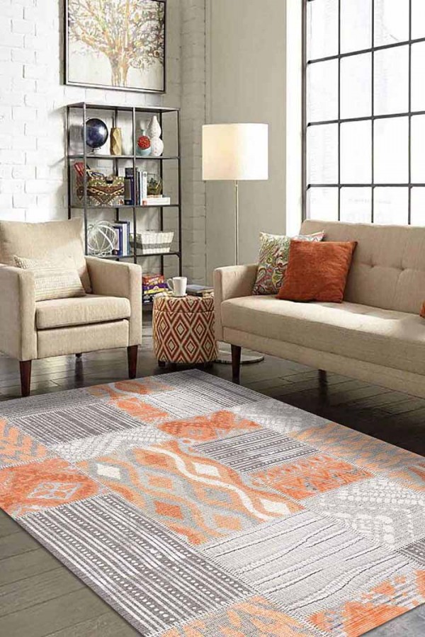 Tulip Patchwork Desenli Pamuk Tabanlı Yıkanabilen Kaydırmaz Antibakteriyel Şönil Salon Halısı