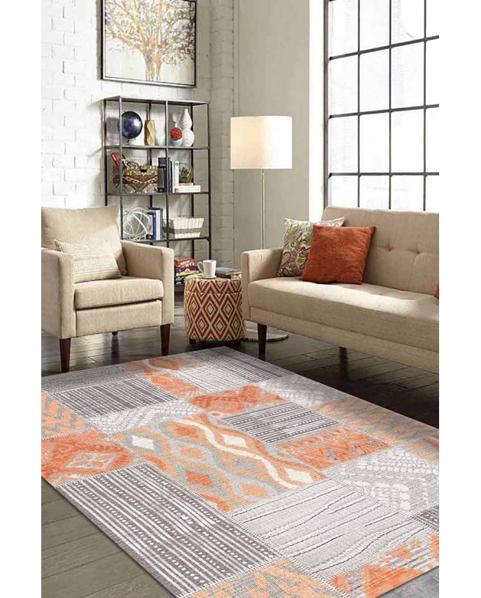 Tulip Patchwork Desenli Pamuk Tabanlı Yıkanabilen Kaydırmaz Antibakteriyel Şönil Salon Halısı