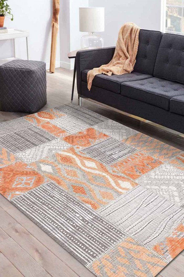 Tulip Patchwork Desenli Pamuk Tabanlı Yıkanabilen Kaydırmaz Antibakteriyel Şönil Salon Halısı