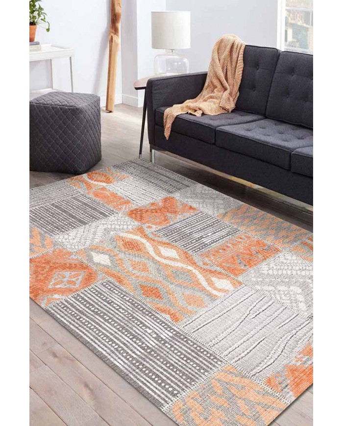 Tulip Patchwork Desenli Pamuk Tabanlı Yıkanabilen Kaydırmaz Antibakteriyel Şönil Salon Halısı