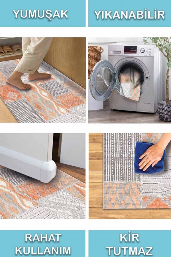 Tulip Patchwork Desenli Pamuk Tabanlı Yıkanabilen Kaydırmaz Antibakteriyel Şönil Salon Halısı
