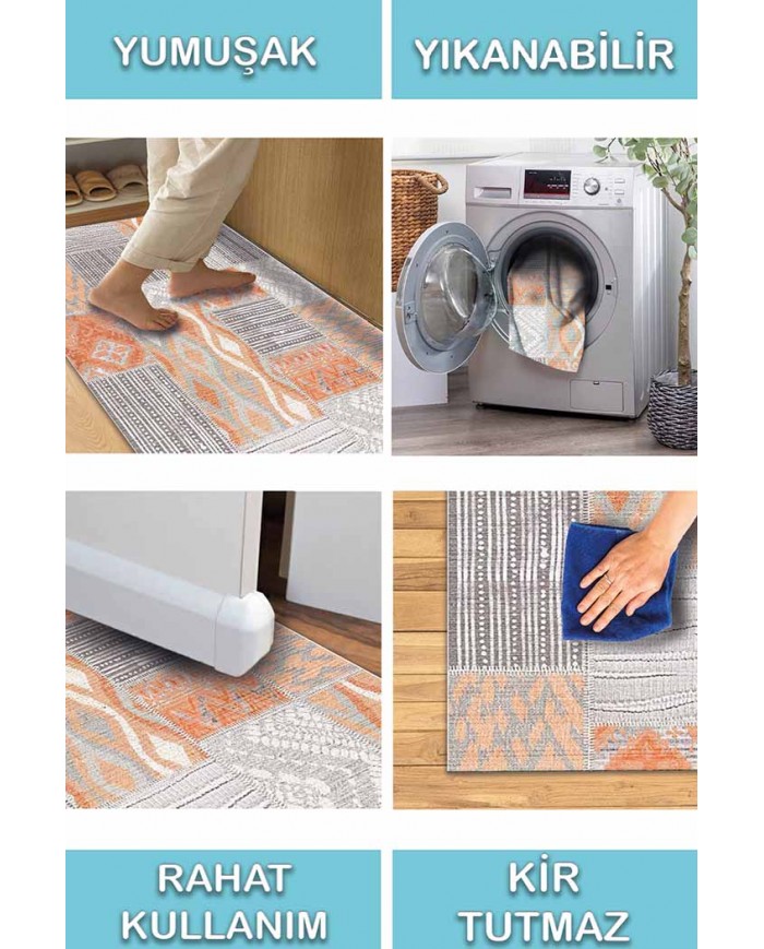 Tulip Patchwork Desenli Pamuk Tabanlı Yıkanabilen Kaydırmaz Antibakteriyel Şönil Salon Halısı