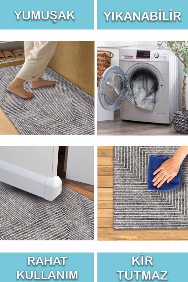 Upsala İskandinav Desenli Pamuk Tabanlı Yıkanabilen Kaydırmaz Antibakteriyel Şönil Salon Halısı