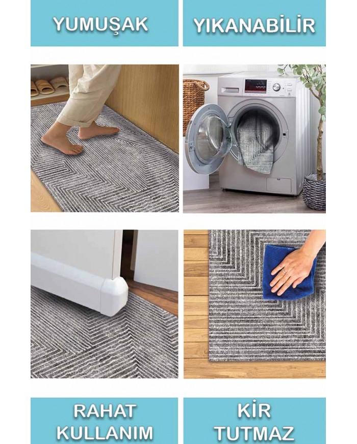 Upsala İskandinav Desenli Pamuk Tabanlı Yıkanabilen Kaydırmaz Antibakteriyel Şönil Salon Halısı