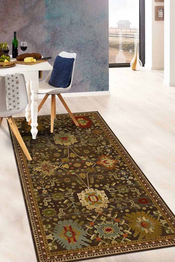 Valerie Eskitme Desenli Pamuk Tabanlı Yıkanabilen Kaydırmaz Antibakteriyel Şönil Salon Halısı