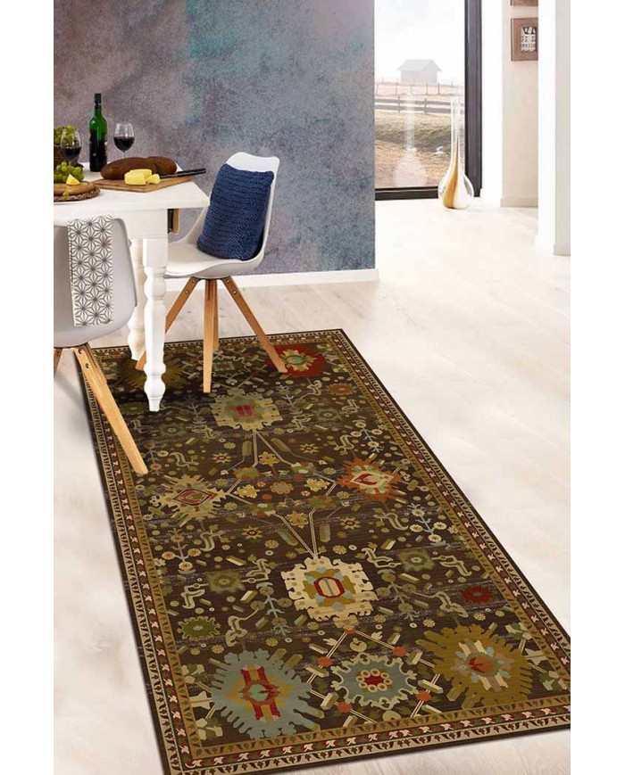 Valerie Eskitme Desenli Pamuk Tabanlı Yıkanabilen Kaydırmaz Antibakteriyel Şönil Salon Halısı