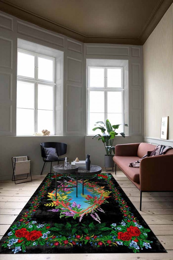 Vandetta Karabağ Desenli Pamuk Tabanlı Yıkanabilen Kaydırmaz Antibakteriyel Şönil Salon Halısı