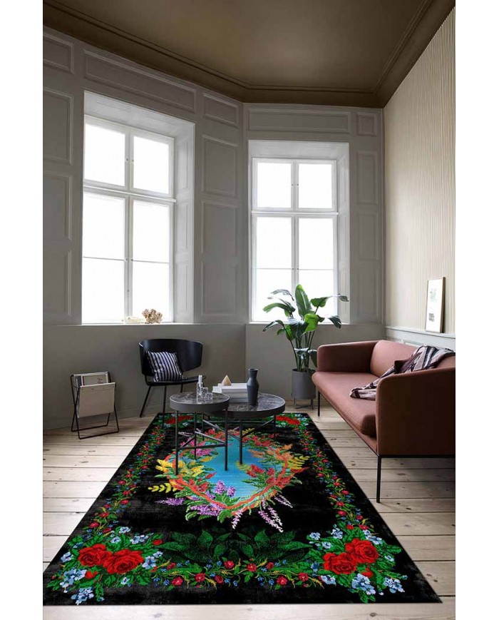 Vandetta Karabağ Desenli Pamuk Tabanlı Yıkanabilen Kaydırmaz Antibakteriyel Şönil Salon Halısı