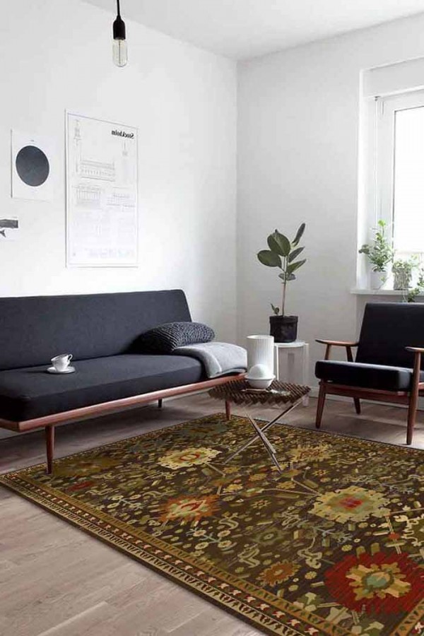 Valerie Eskitme Desenli Pamuk Tabanlı Yıkanabilen Kaydırmaz Antibakteriyel Şönil Salon Halısı