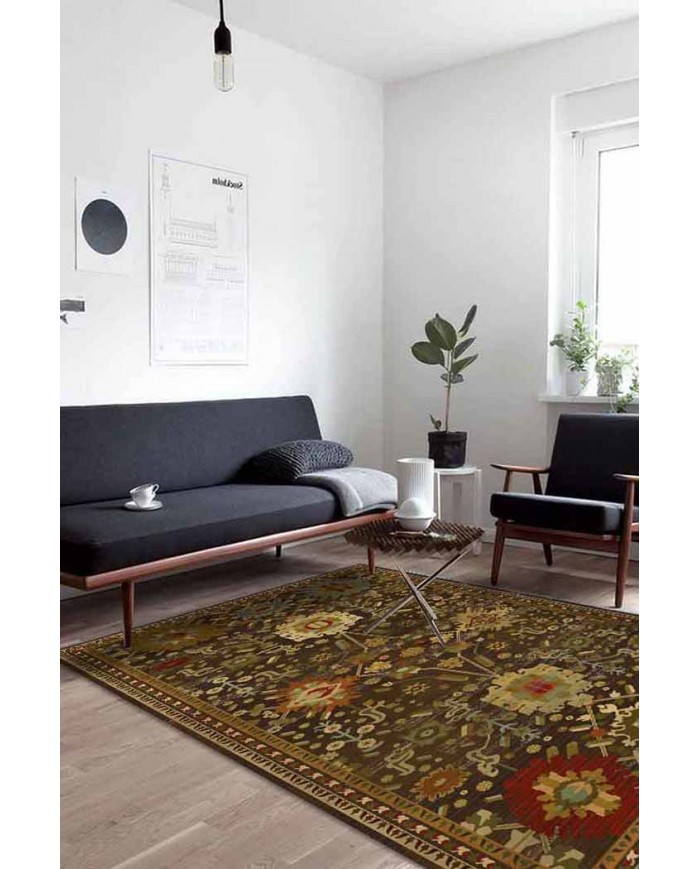 Valerie Eskitme Desenli Pamuk Tabanlı Yıkanabilen Kaydırmaz Antibakteriyel Şönil Salon Halısı