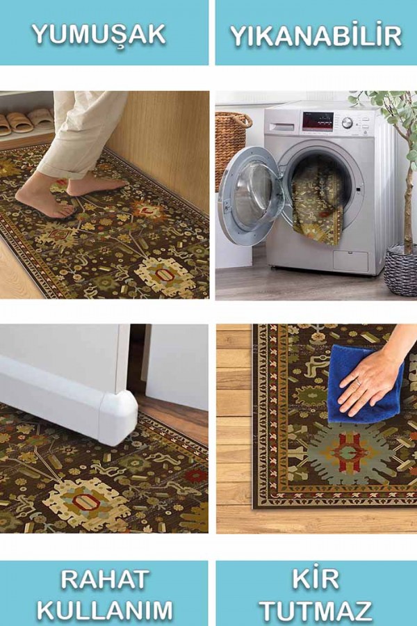 Valerie Eskitme Desenli Pamuk Tabanlı Yıkanabilen Kaydırmaz Antibakteriyel Şönil Salon Halısı