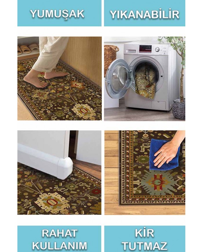 Valerie Eskitme Desenli Pamuk Tabanlı Yıkanabilen Kaydırmaz Antibakteriyel Şönil Salon Halısı