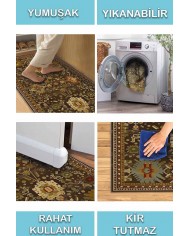 Valerie Eskitme Desenli Pamuk Tabanlı Yıkanabilen Kaydırmaz Antibakteriyel Şönil Salon Halısı