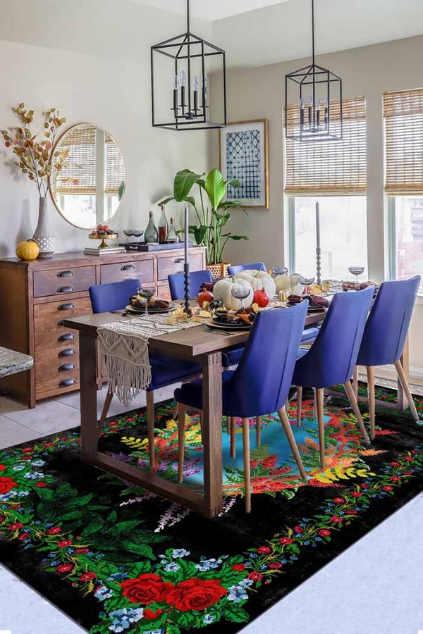 Vandetta Karabağ Desenli Pamuk Tabanlı Yıkanabilen Kaydırmaz Antibakteriyel Şönil Salon Halısı