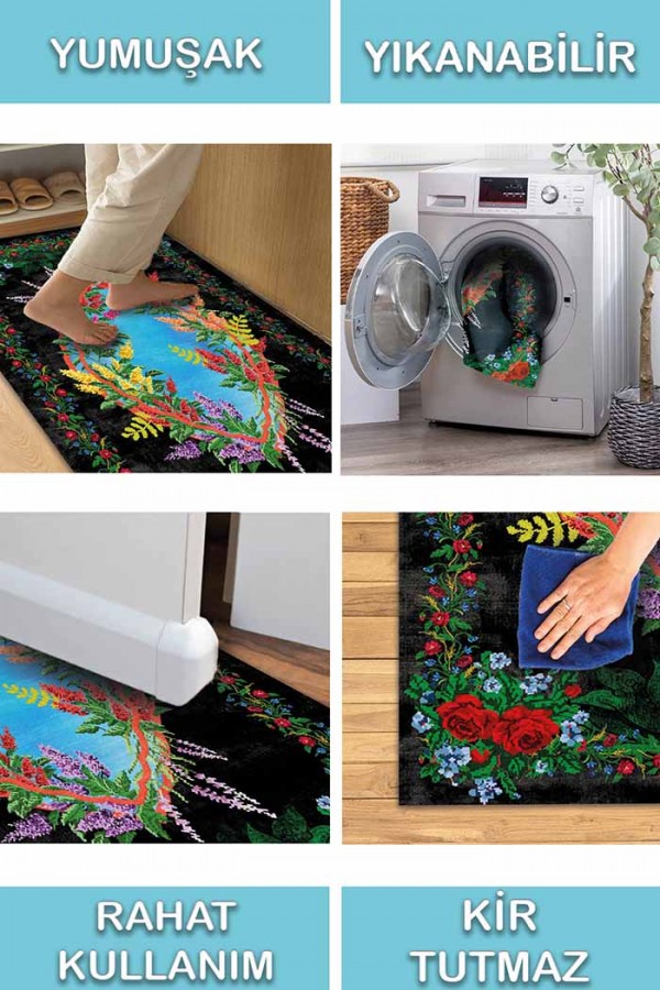 Vandetta Karabağ Desenli Pamuk Tabanlı Yıkanabilen Kaydırmaz Antibakteriyel Şönil Salon Halısı