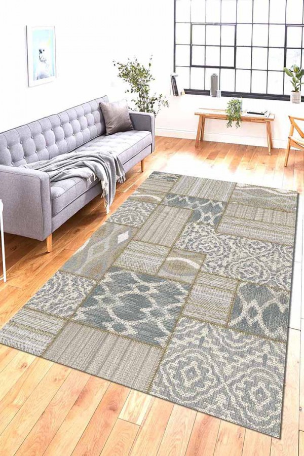 Violet Patchwork Desenli Pamuk Tabanlı Yıkanabilen Kaydırmaz Antibakteriyel Şönil Salon Halısı