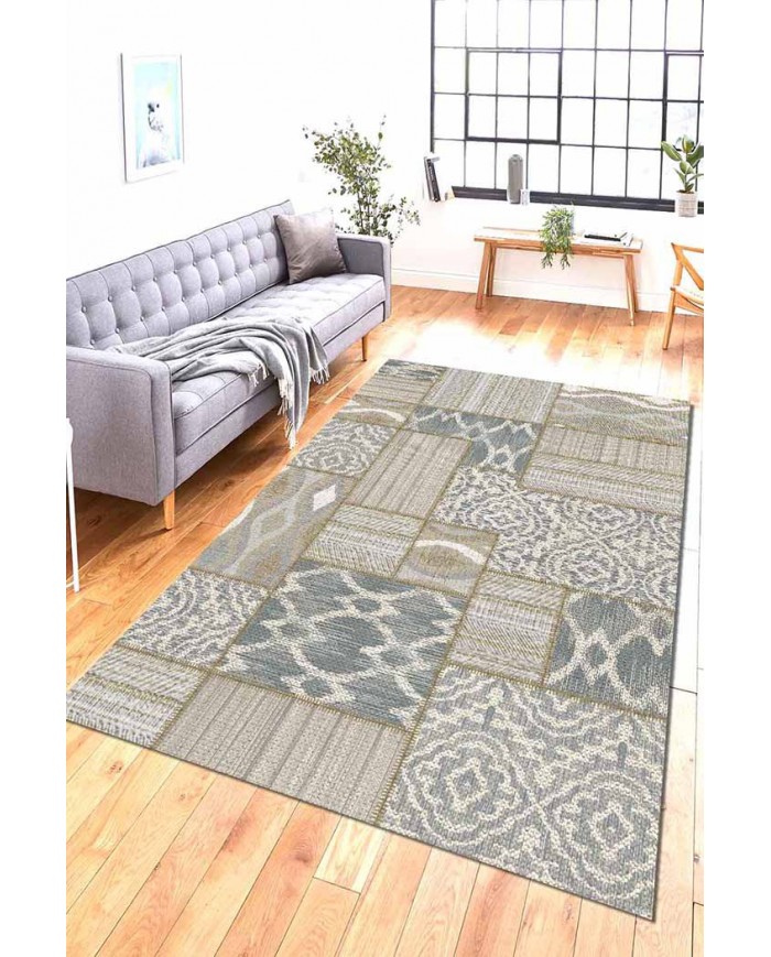 Violet Patchwork Desenli Pamuk Tabanlı Yıkanabilen Kaydırmaz Antibakteriyel Şönil Salon Halısı