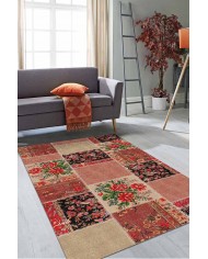 Zelda Patchwork Desenli Pamuk Tabanlı Yıkanabilen Kaydırmaz Antibakteriyel Şönil Salon Halısı