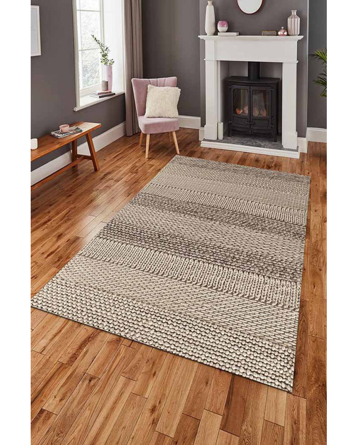 Vimini-Loop İskandinav Desenli Pamuk Tabanlı Yıkanabilen Kaydırmaz Antibakteriyel Şönil Salon Halısı