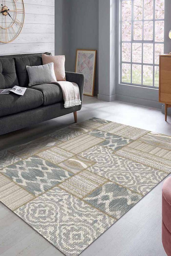 Violet Patchwork Desenli Pamuk Tabanlı Yıkanabilen Kaydırmaz Antibakteriyel Şönil Salon Halısı