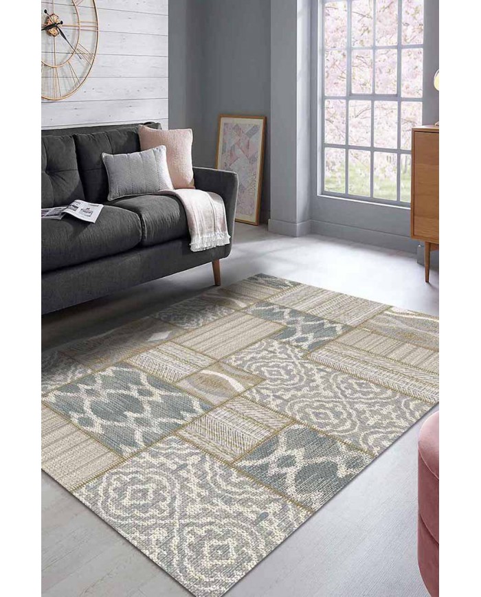 Violet Patchwork Desenli Pamuk Tabanlı Yıkanabilen Kaydırmaz Antibakteriyel Şönil Salon Halısı