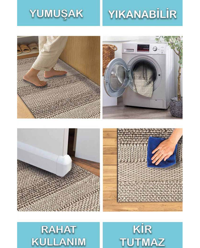 Vimini-Loop İskandinav Desenli Pamuk Tabanlı Yıkanabilen Kaydırmaz Antibakteriyel Şönil Salon Halısı