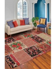 Zelda Patchwork Desenli Pamuk Tabanlı Yıkanabilen Kaydırmaz Antibakteriyel Şönil Salon Halısı