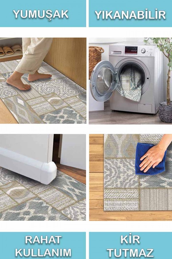 Violet Patchwork Desenli Pamuk Tabanlı Yıkanabilen Kaydırmaz Antibakteriyel Şönil Salon Halısı