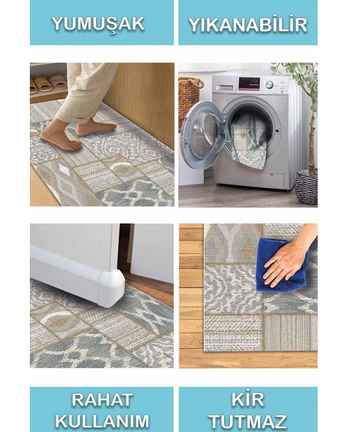 Violet Patchwork Desenli Pamuk Tabanlı Yıkanabilen Kaydırmaz Antibakteriyel Şönil Salon Halısı