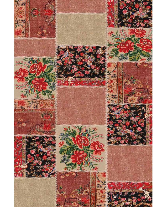 Zelda Patchwork Desenli Pamuk Tabanlı Yıkanabilen Kaydırmaz Antibakteriyel Şönil Salon Halısı