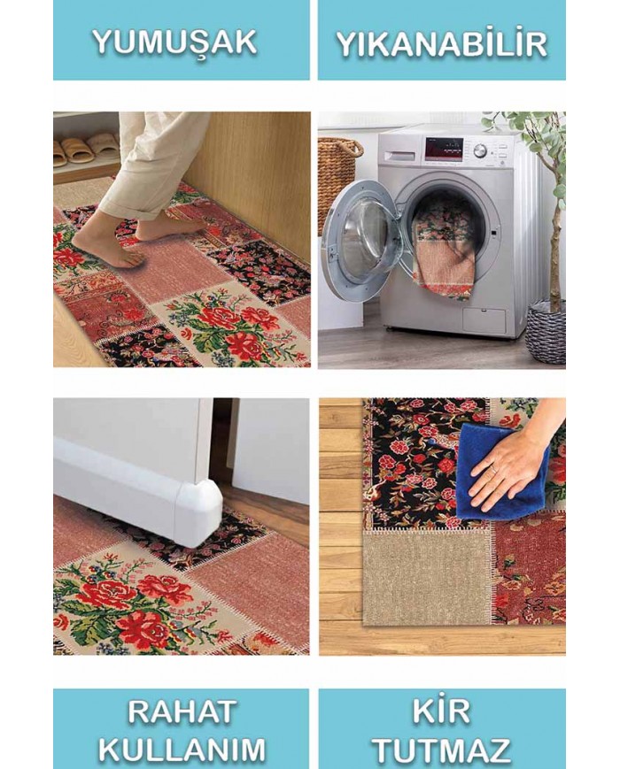 Zelda Patchwork Desenli Pamuk Tabanlı Yıkanabilen Kaydırmaz Antibakteriyel Şönil Salon Halısı