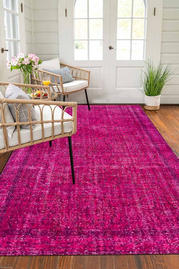 Zingararose Eskitme Desenli Pamuk Tabanlı Yıkanabilen Kaydırmaz Antibakteriyel Şönil Salon Halısı