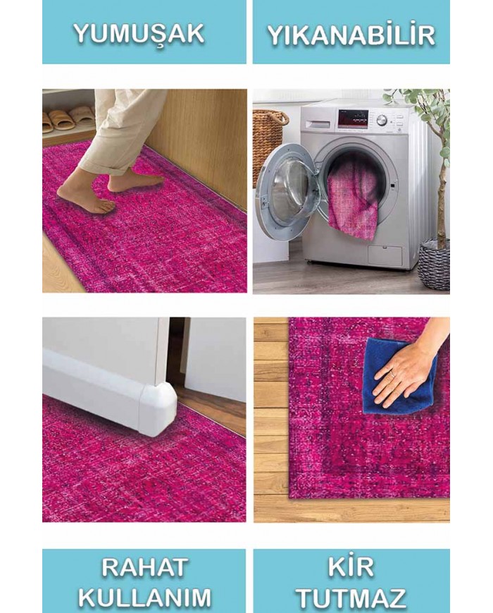 Zingararose Eskitme Desenli Pamuk Tabanlı Yıkanabilen Kaydırmaz Antibakteriyel Şönil Salon Halısı