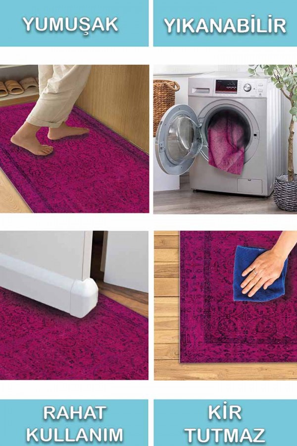 Zingararoseno Eskitme Desenli Pamuk Tabanlı Yıkanabilen Kaydırmaz Antibakteriyel Şönil Salon Halısı