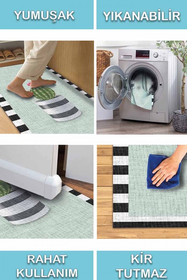 Anise Pamuk Tabanlı Yıkanabilen Kaydırmaz Antibakteriyel Şönil Mutfak Halısı