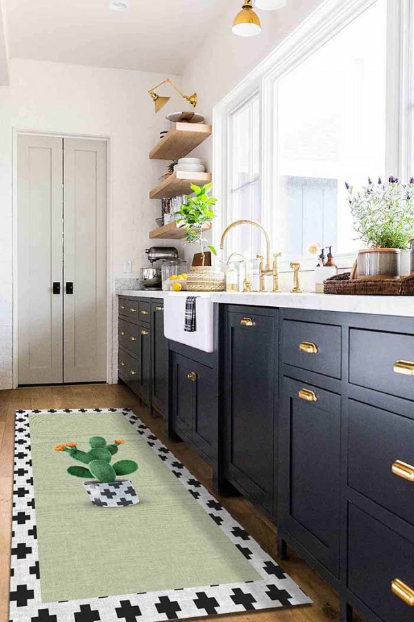 Cactus Pamuk Tabanlı Yıkanabilen Kaydırmaz Antibakteriyel Şönil Mutfak Halısı