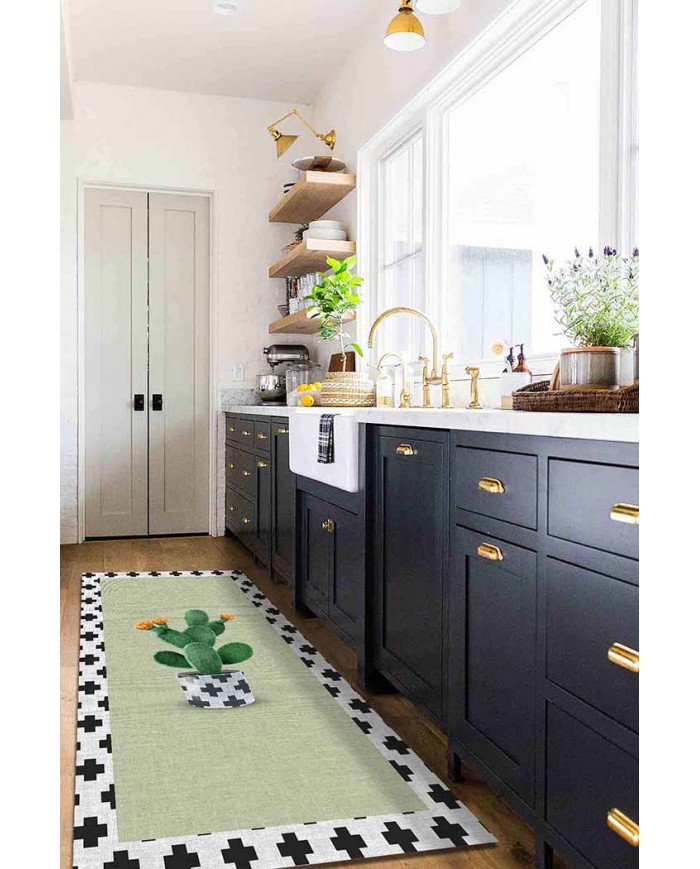 Cactus Pamuk Tabanlı Yıkanabilen Kaydırmaz Antibakteriyel Şönil Mutfak Halısı