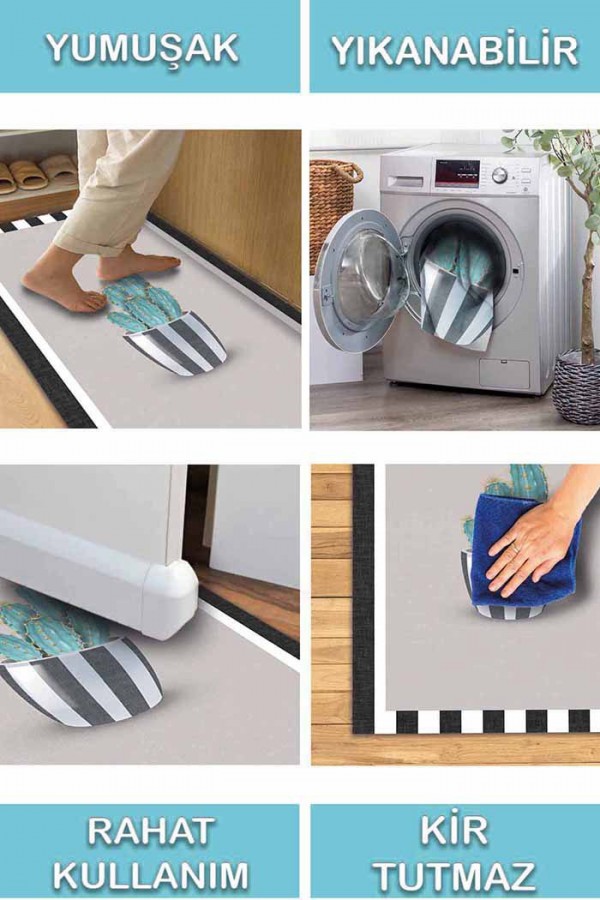 Cumi Pamuk Tabanlı Yıkanabilen Kaydırmaz Antibakteriyel Şönil Mutfak Halısı
