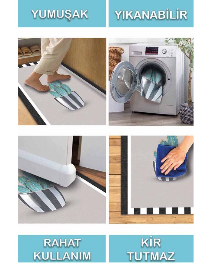 Cumi Pamuk Tabanlı Yıkanabilen Kaydırmaz Antibakteriyel Şönil Mutfak Halısı