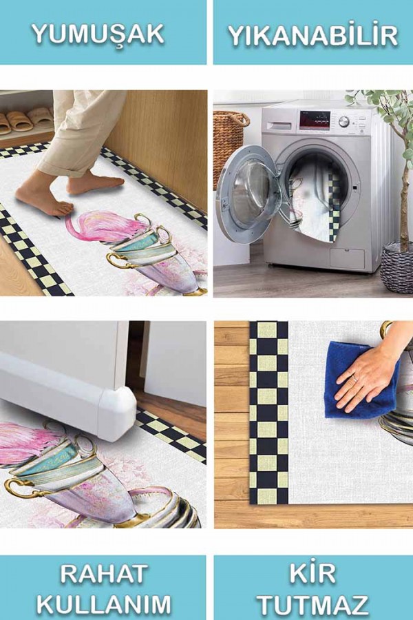 Dalya Pamuk Tabanlı Yıkanabilen Kaydırmaz Antibakteriyel Şönil Mutfak Halısı