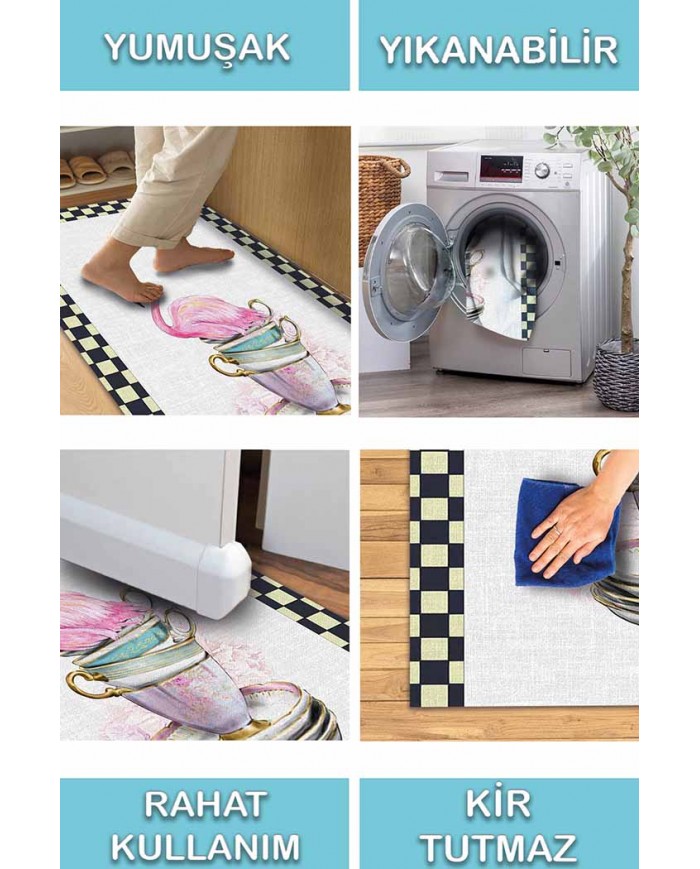 Dalya Pamuk Tabanlı Yıkanabilen Kaydırmaz Antibakteriyel Şönil Mutfak Halısı