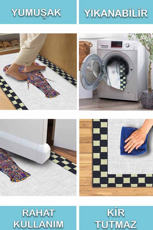 Elephant Pamuk Tabanlı Yıkanabilen Kaydırmaz Antibakteriyel Şönil Mutfak Halısı