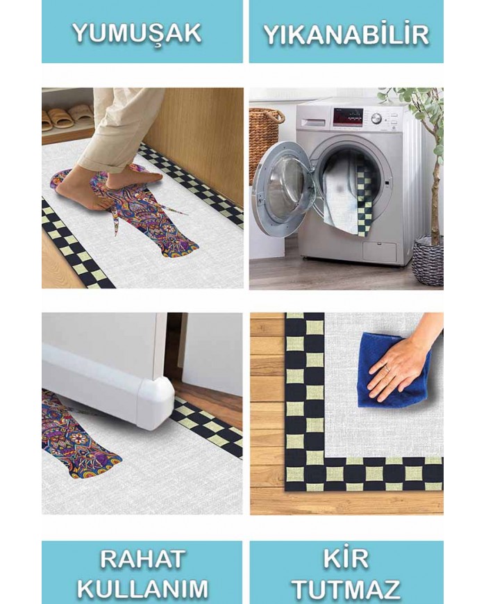 Elephant Pamuk Tabanlı Yıkanabilen Kaydırmaz Antibakteriyel Şönil Mutfak Halısı