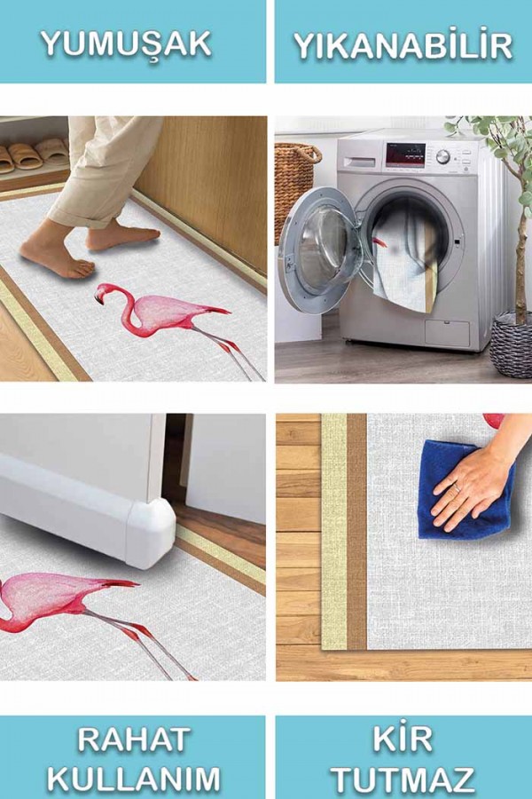 Flamingo Pamuk Tabanlı Yıkanabilen Kaydırmaz Antibakteriyel Şönil Mutfak Halısı