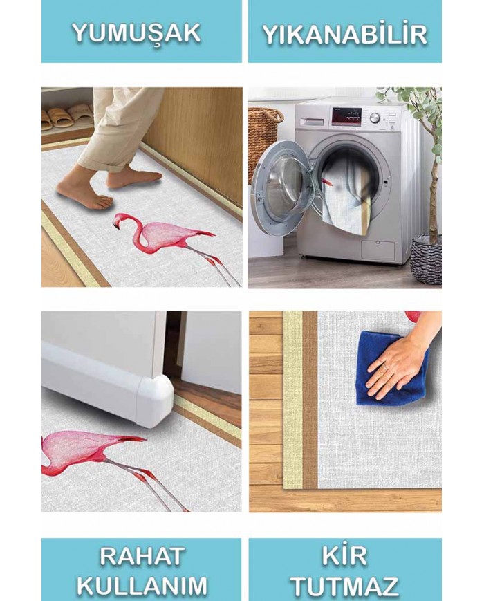 Flamingo Pamuk Tabanlı Yıkanabilen Kaydırmaz Antibakteriyel Şönil Mutfak Halısı