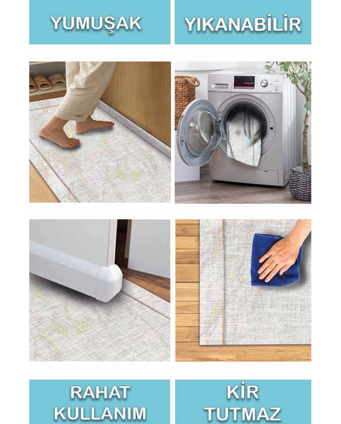 Marble Pamuk Tabanlı Yıkanabilen Kaydırmaz Antibakteriyel Şönil Mutfak Halısı