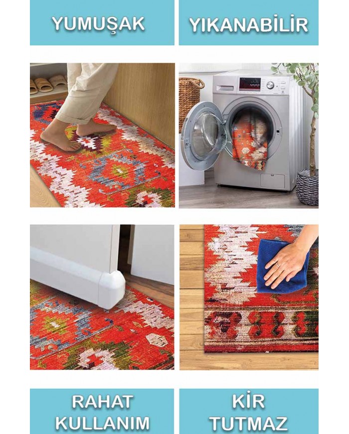 Morelle Pamuk Tabanlı Yıkanabilen Kaydırmaz Antibakteriyel Şönil Mutfak Halısı