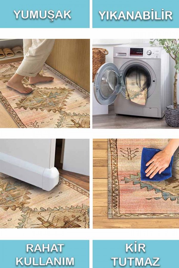 Pallio Pamuk Tabanlı Yıkanabilen Kaydırmaz Antibakteriyel Şönil Mutfak Halısı